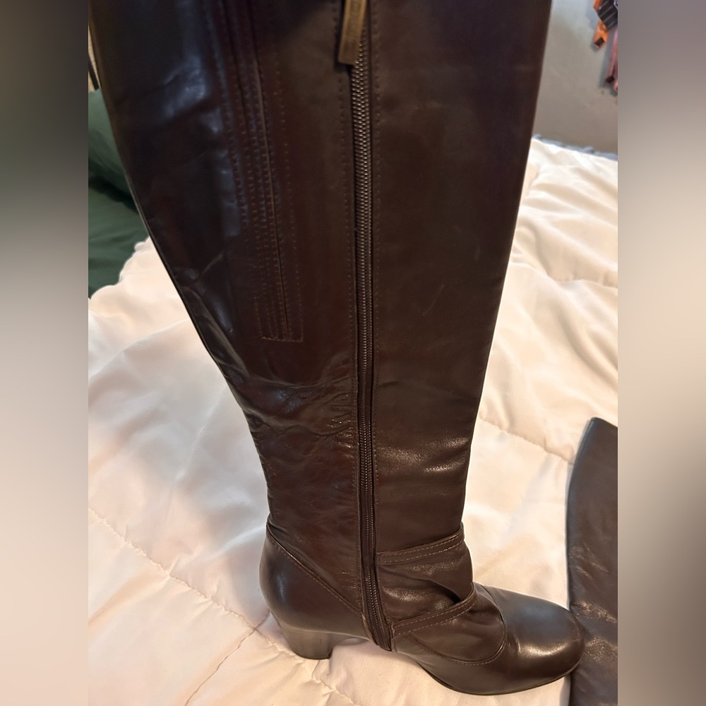 Wide calf dark brown leather boots